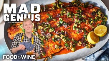 VIDEO: Slow-Roasted Salmon With Walnut-Olive Vinaigrette | Mad Genius | Food & Wine
