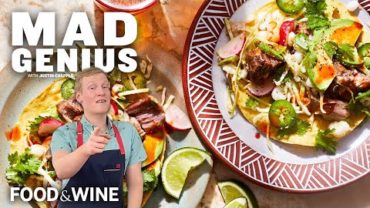 VIDEO: Loaded Roasted Pork Tostadas with Citrusy Cabbage Salad | Mad Genius | Food & Wine