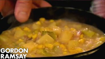 VIDEO: Smoky Bacon Sweetcorn & Potato Soup Paired With Cheese Biscuits | Gordon Ramsay