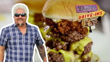 VIDEO: Guy Fieri Eats CORNDOG Shrimp and a Triple Chili Burger | Diners, Drive-ins and Dives | Food Network