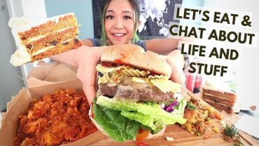 VIDEO: IMPOSSIBLE BURGER + INDIAN FOOD + CARROT CAKE MUKBANG (vegan) / Munching Mondays Ep.81